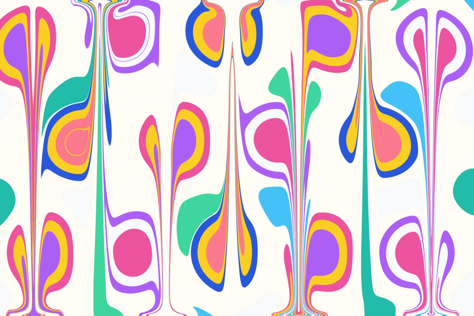 Ein buntes Ebru-Muster mit Wellen und Ringen in Türkis, Pink, Gelb und Lila, gemalt in Zeyneps Spiel