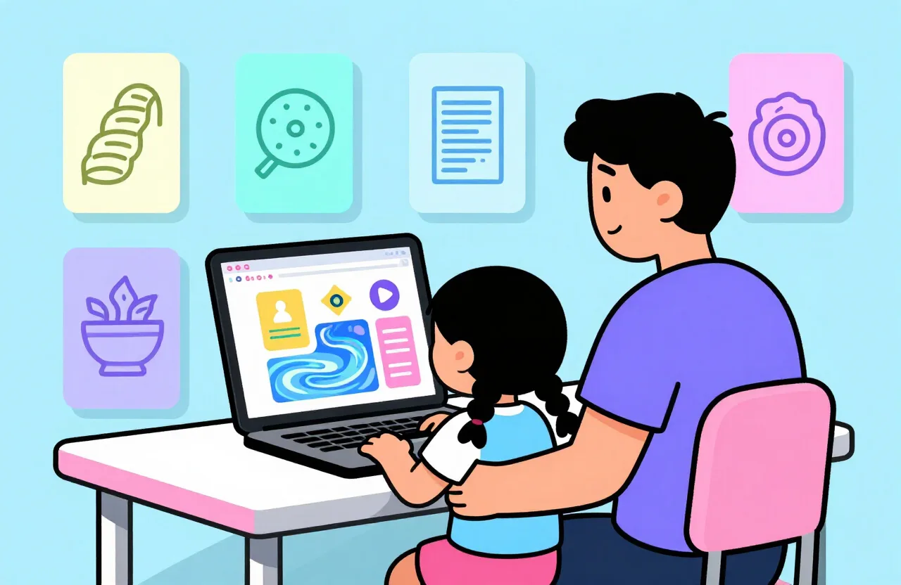 Zeynep und ihr Papa sitzen zusammen am Laptop und bauen eine bunte Webseite