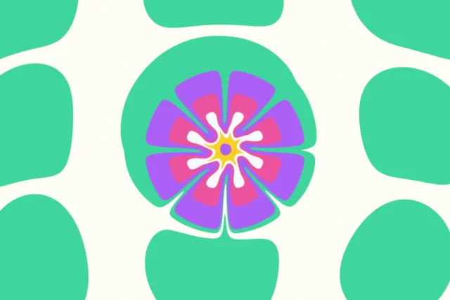 Ebru-Blume aus lila, pinken, weißen und gelben Ringen mit acht Blütenblättern auf grünem Grund