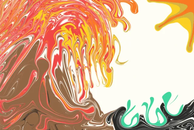 Ein brauner Vulkan, aus dem rote, orange und gelbe Lava spritzt, oben rechts eine Sonne, unten grüne Pflänzchen