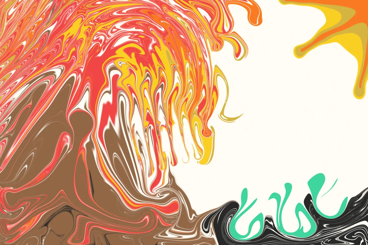 Ein brauner Vulkan, aus dem rote, orange und gelbe Lava spritzt, oben rechts eine Sonne, unten grüne Pflänzchen