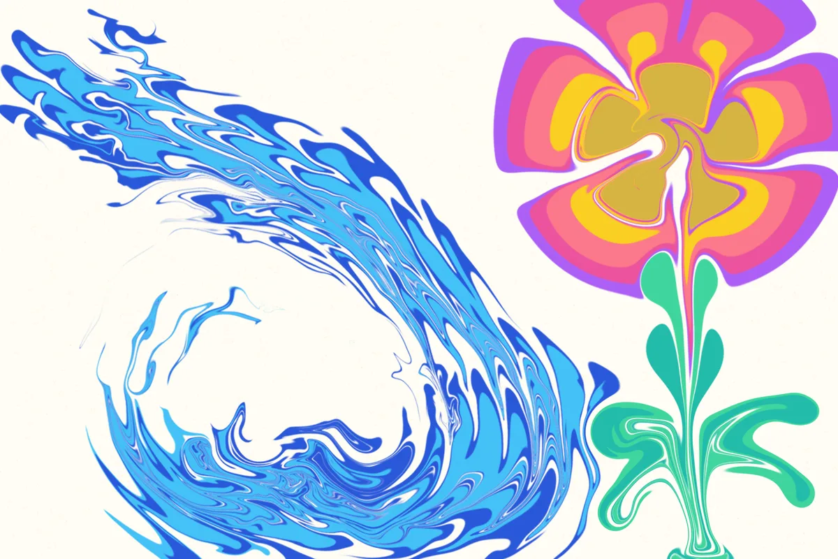 Eine große blaue Ebru-Welle wie aus dem Film Vaiana und eine bunte Blume mit grünem Stiel, gemalt in Zeyneps Ebru-Spiel